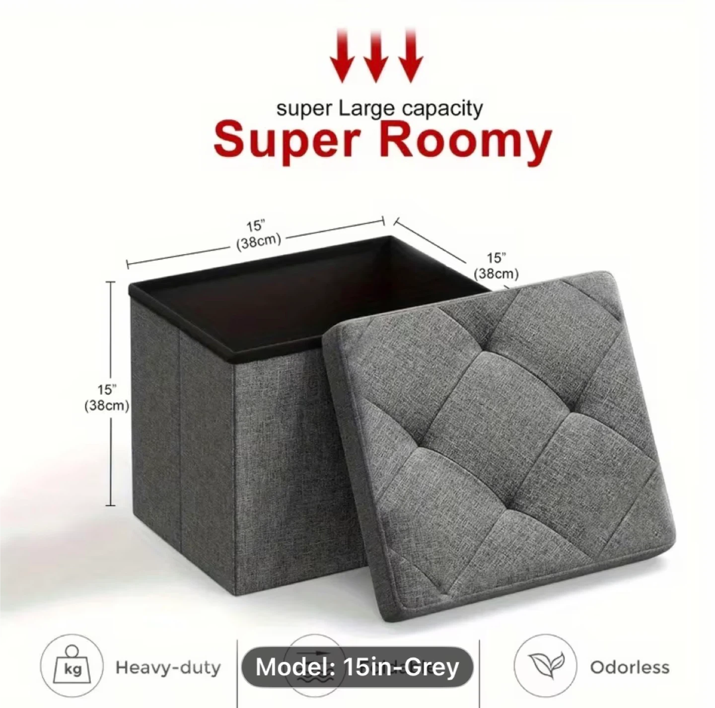 15" Grey Storage Ottoman Stool