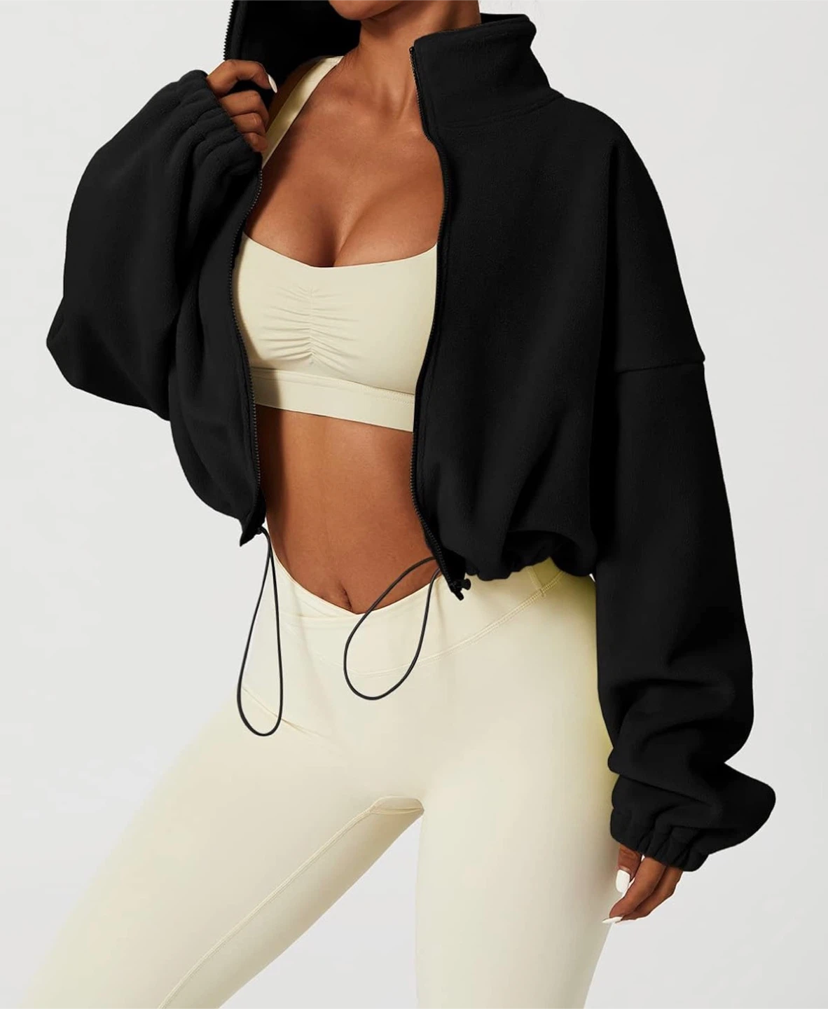 NEW! QINSEN Black Fleece Cropped Jacket with Zipper - photo 2