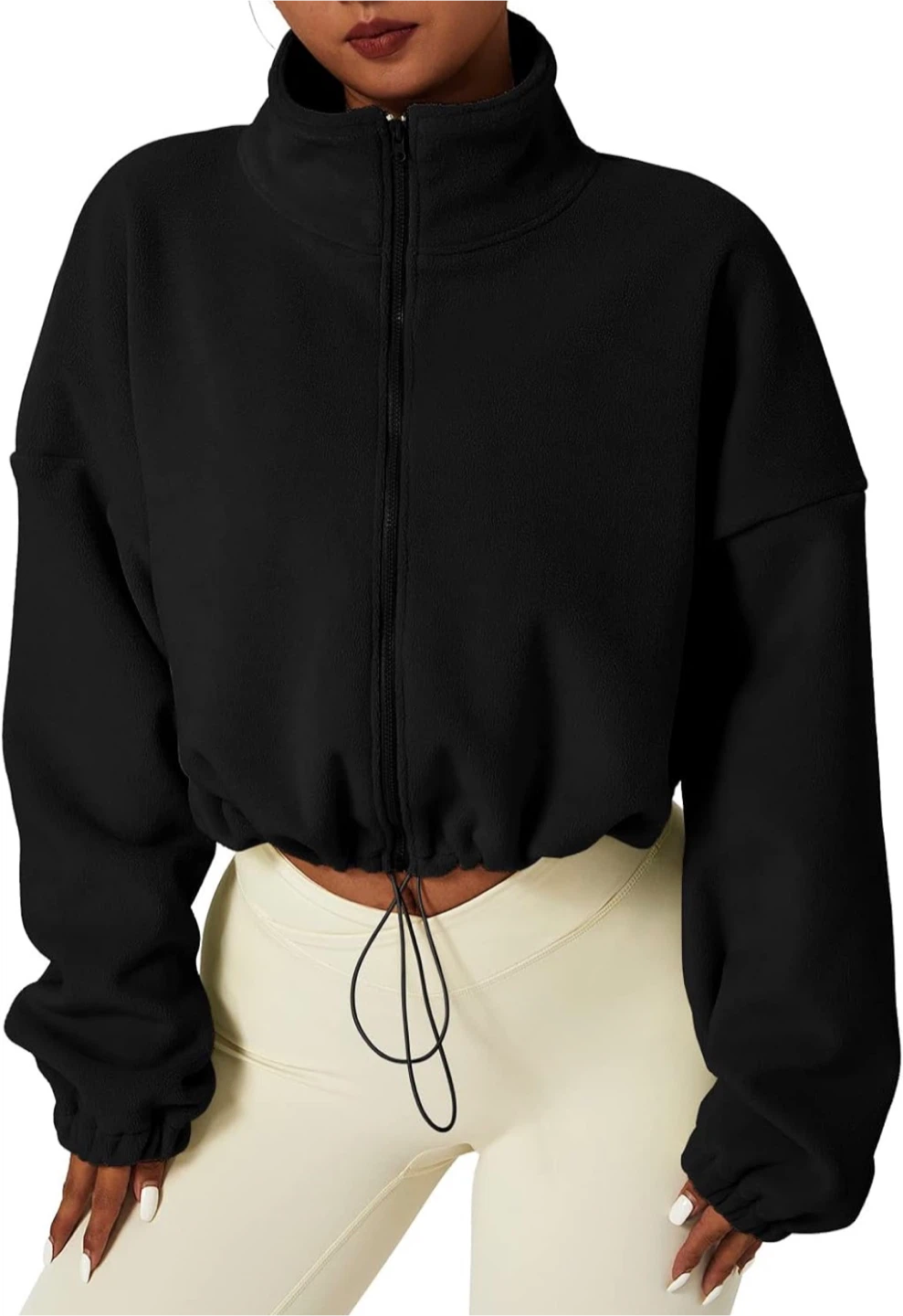 NEW! QINSEN Black Fleece Cropped Jacket with Zipper