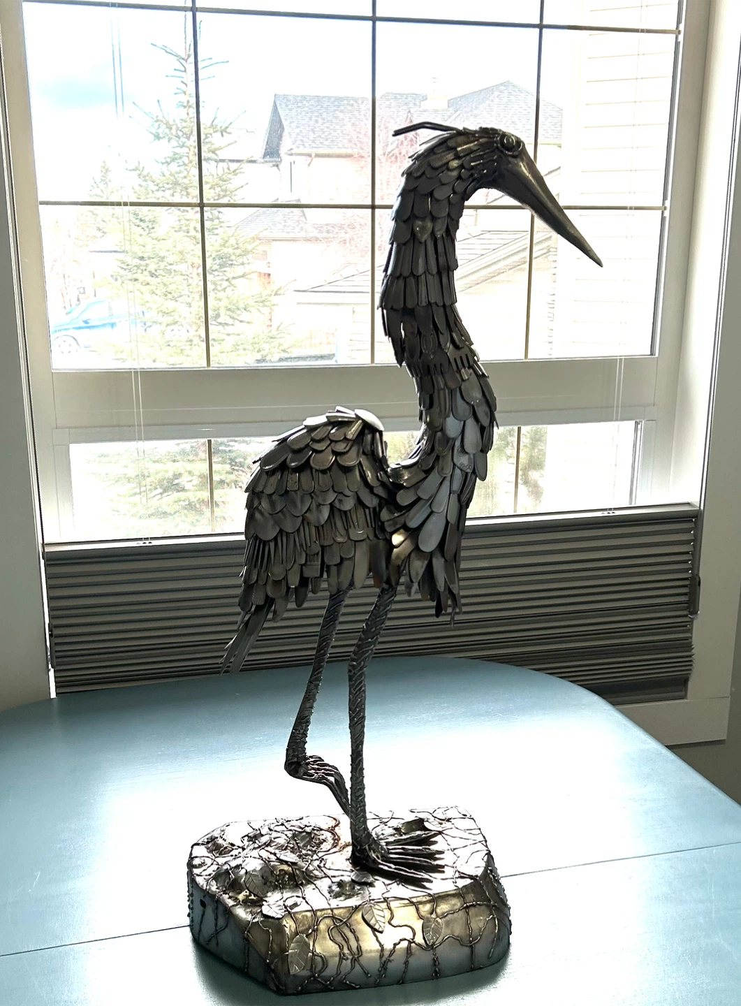 Metal Heron Sculpture Made from Cutlery