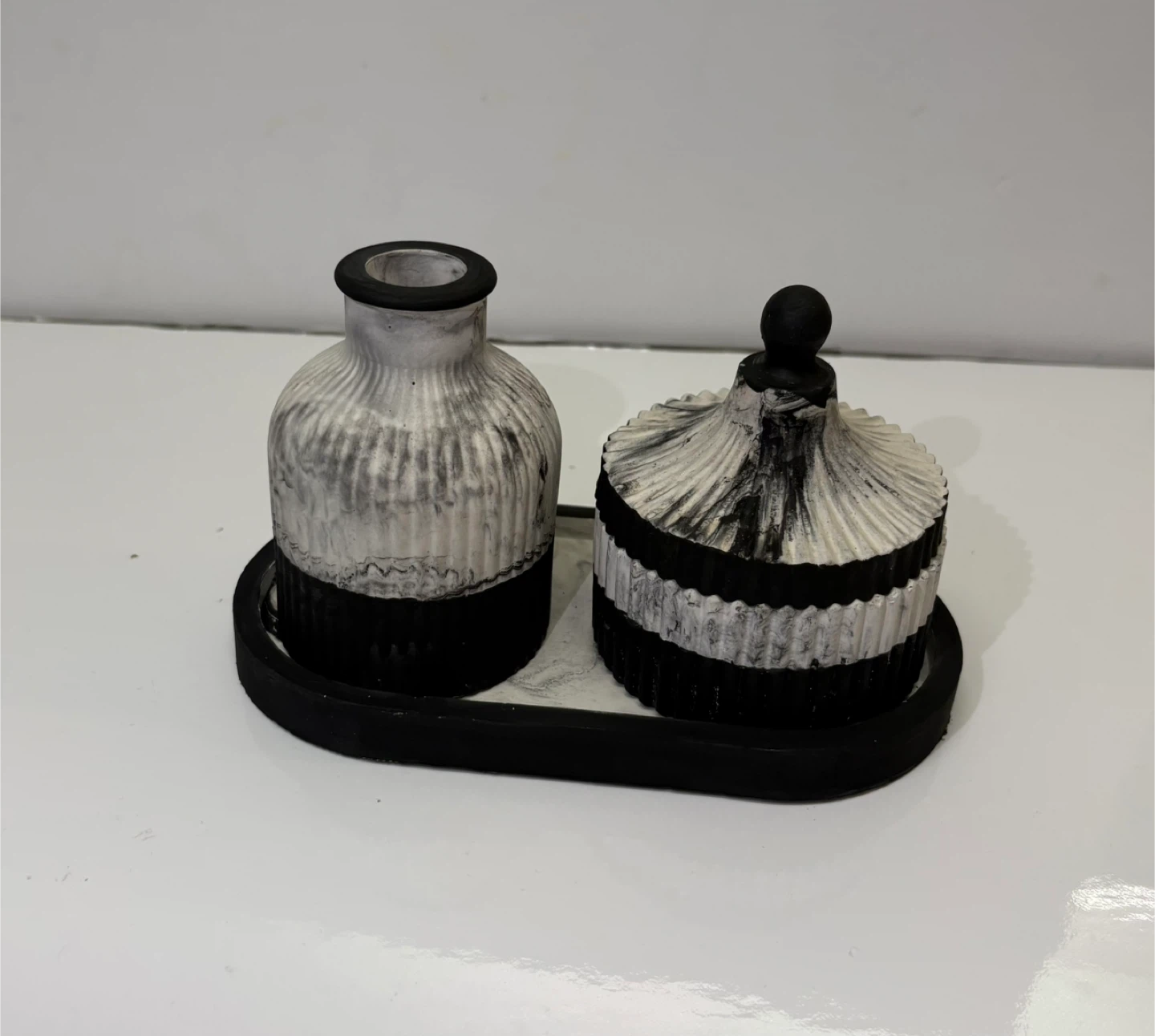 Handmade marble tray with trinket box with lid and vase set
