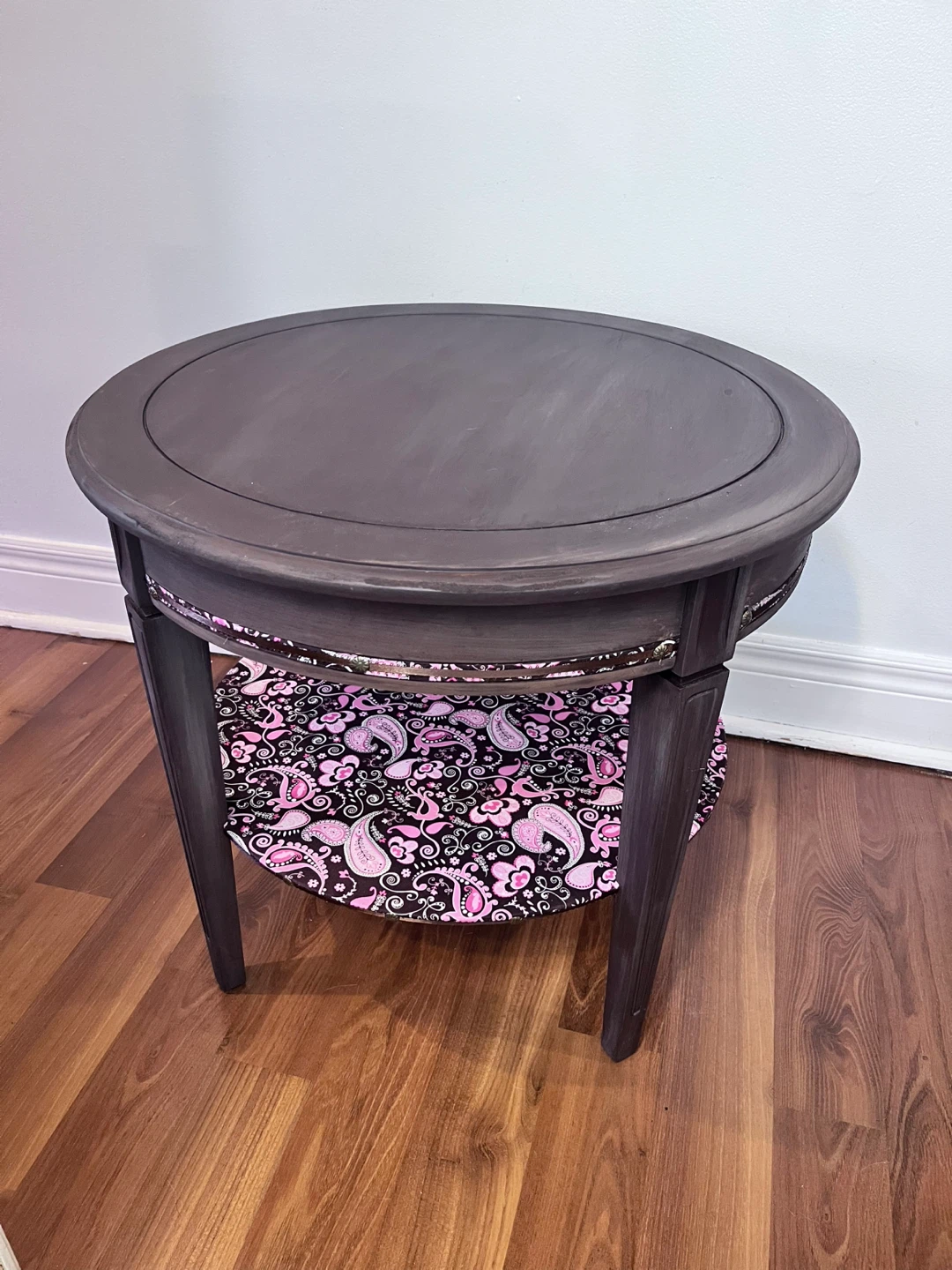 One of a kind Round End Table with Paisley Shelf