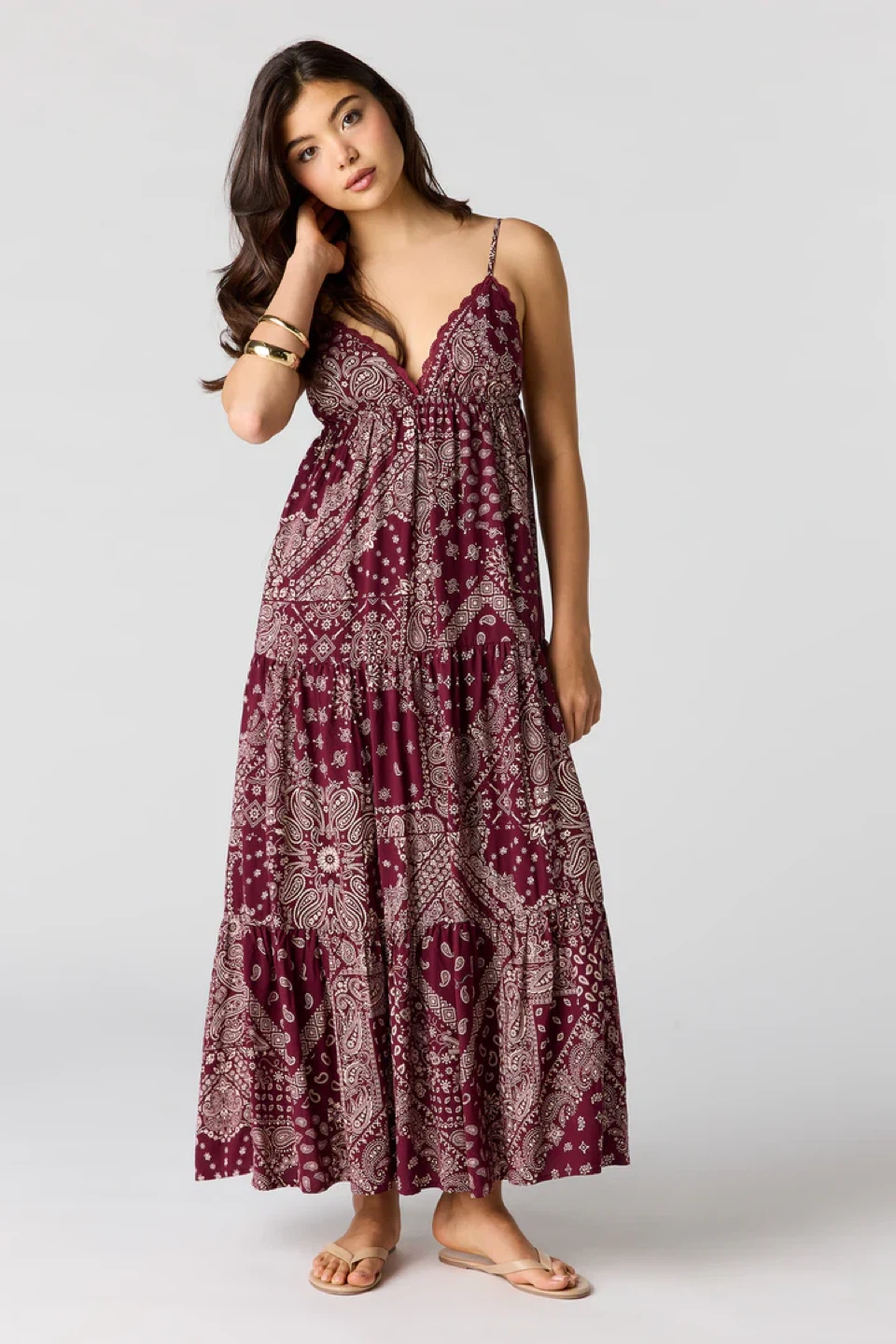 Maroon Paisley Tiered Maxi Dress