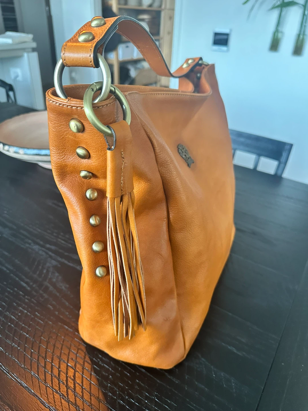 Tan Leather Hobo Italian Bag with Tassel and Studs - photo 2