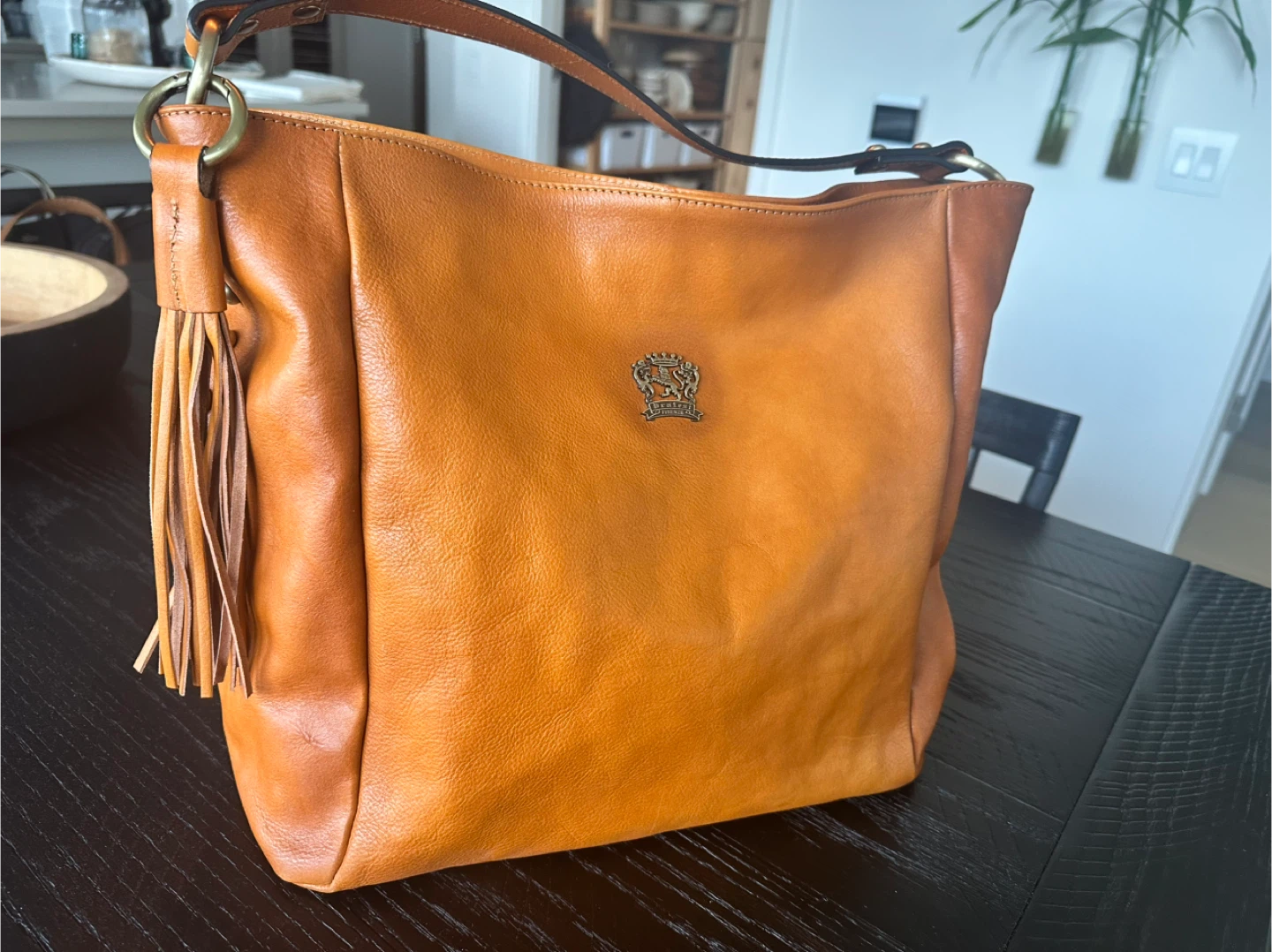 Tan Leather Hobo Italian Bag with Tassel and Studs