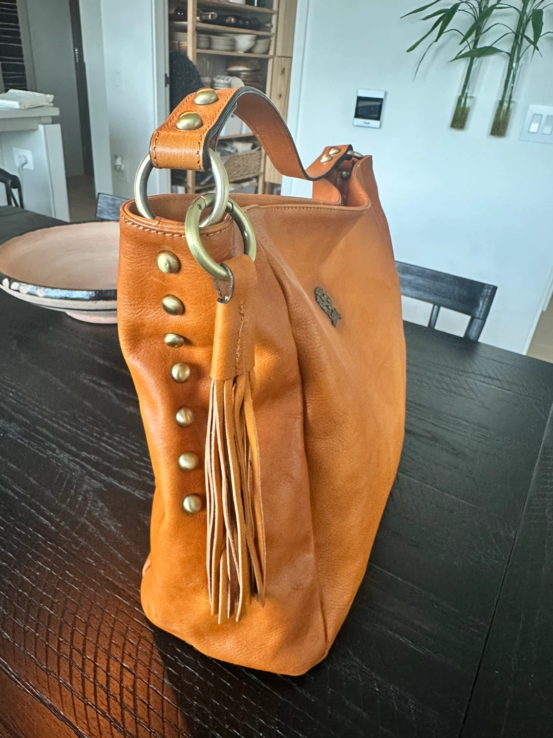 Tan Leather Hobo Italian Bag with Tassel and Studs - photo 3