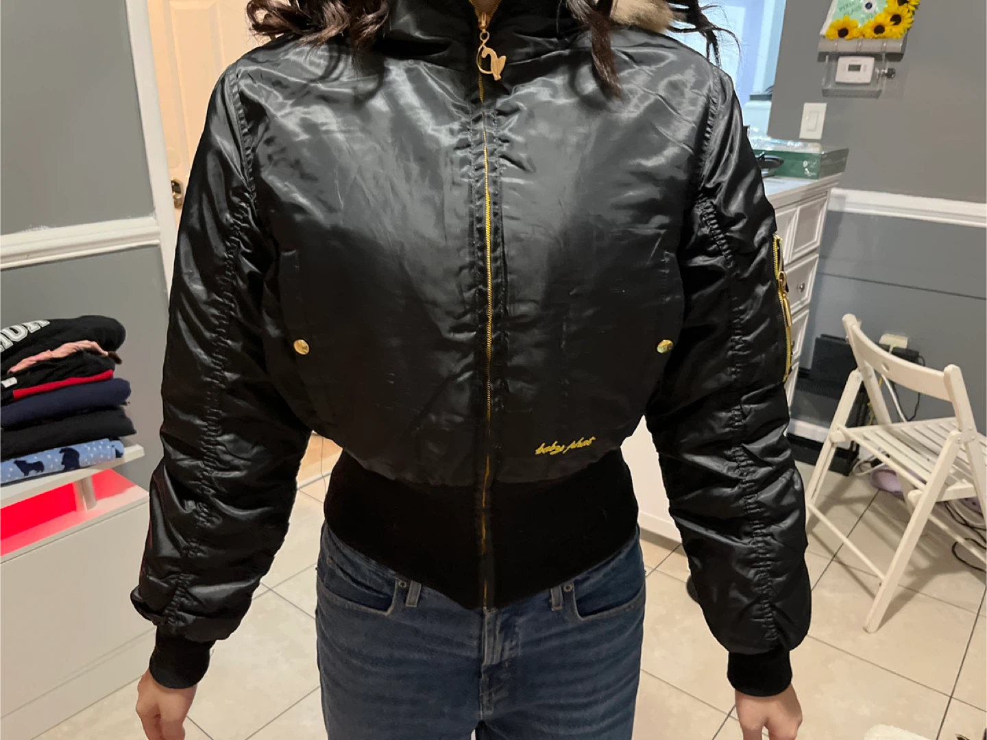 Black "BABY PHAT" Bomber Jacket with Fur Hood - photo 2
