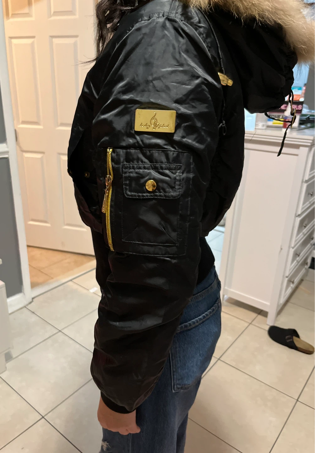 Black "BABY PHAT" Bomber Jacket with Fur Hood - photo 3