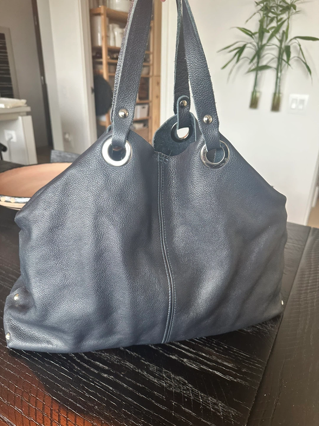 Dark Blue Leather Hobo Handbag with Studs