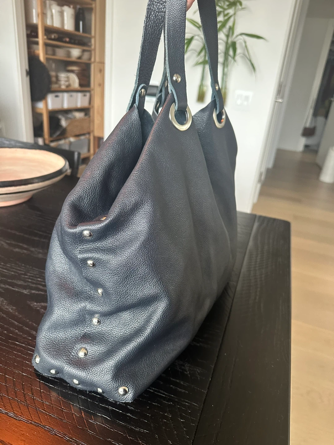Dark Blue Leather Hobo Handbag with Studs - photo 2