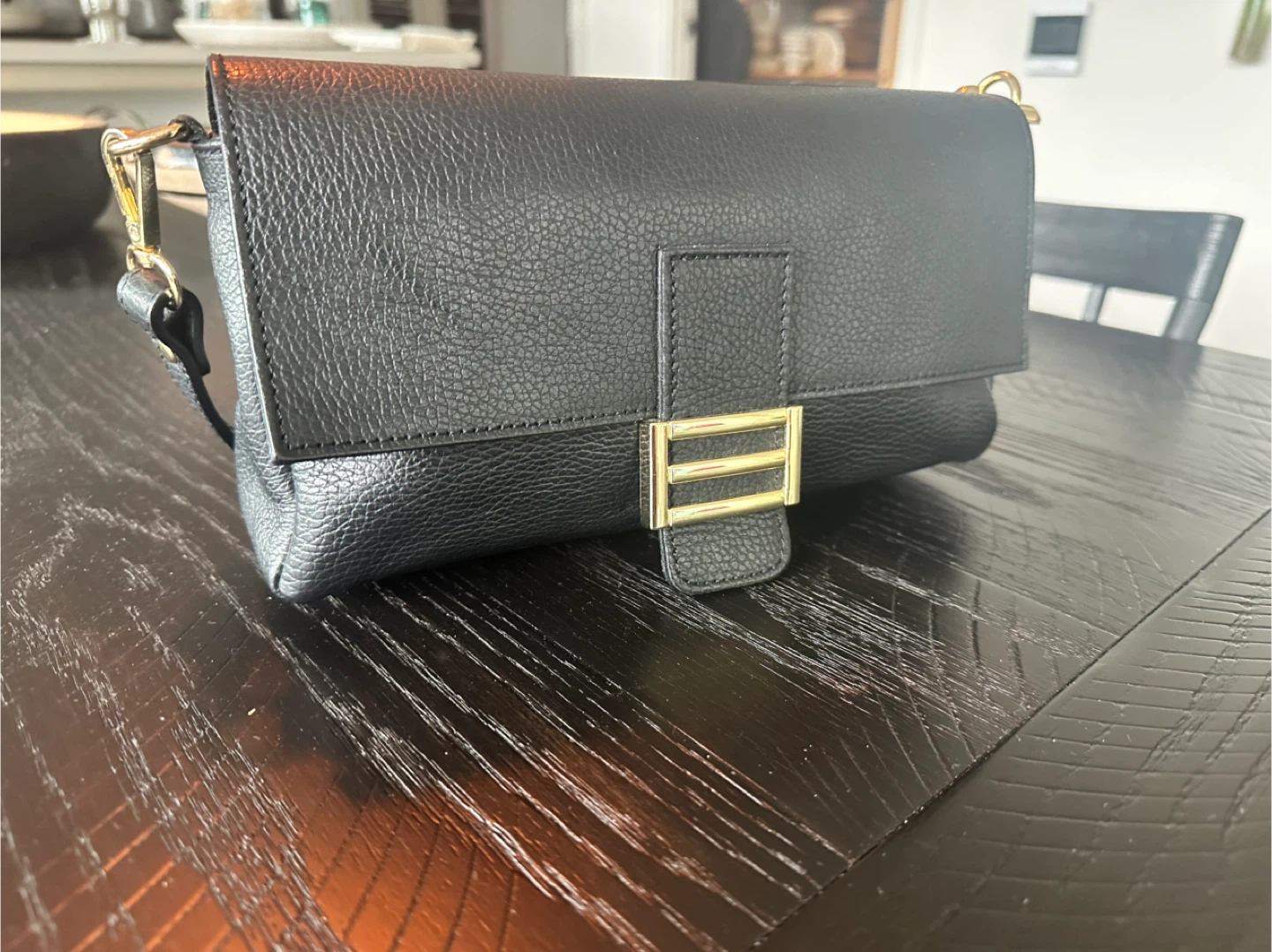 Black Faux Leather Crossbody Bag with Gold Buckle