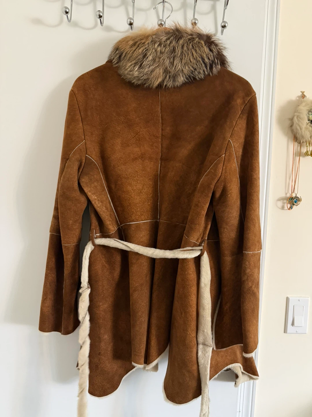 Brown Suede Fur Collar Coat with Belt - photo 2