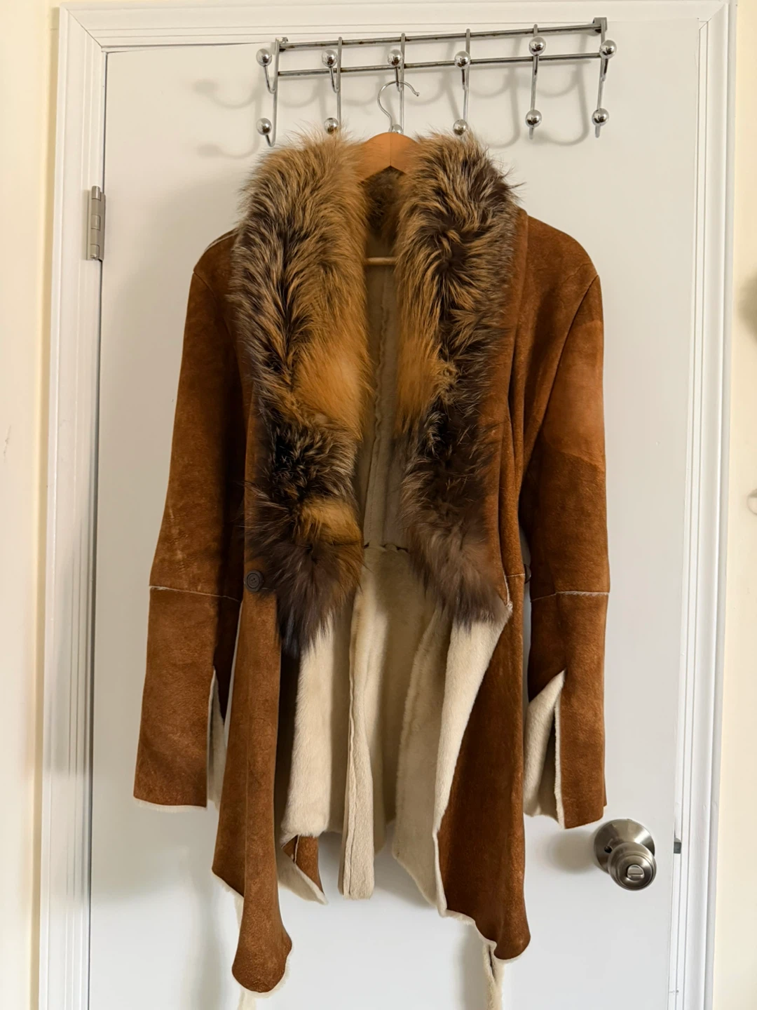 Brown Suede Fur Collar Coat with Belt