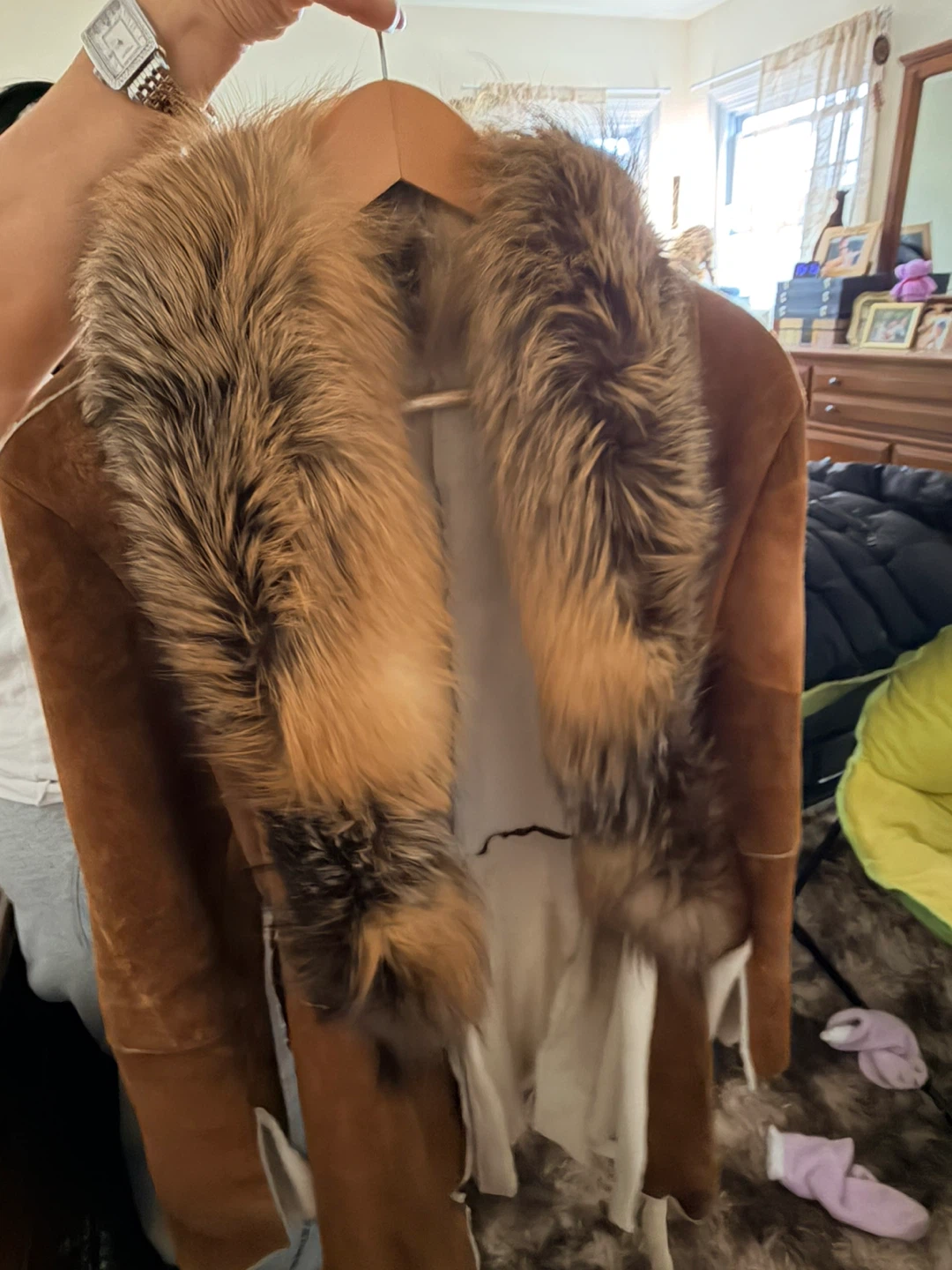 Brown Suede Fur Collar Coat with Belt - photo 3