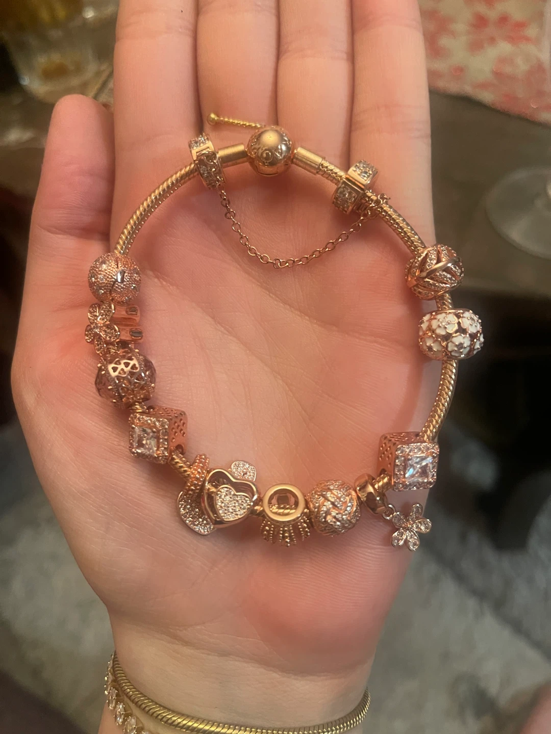 Pandora Rose Gold Charm Bracelet with Multiple Charms
