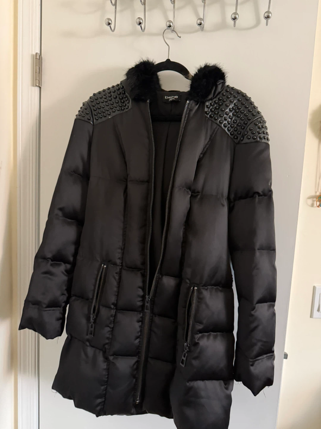 Bebe Puffer Coat with Studded Shoulders and Fur Trim