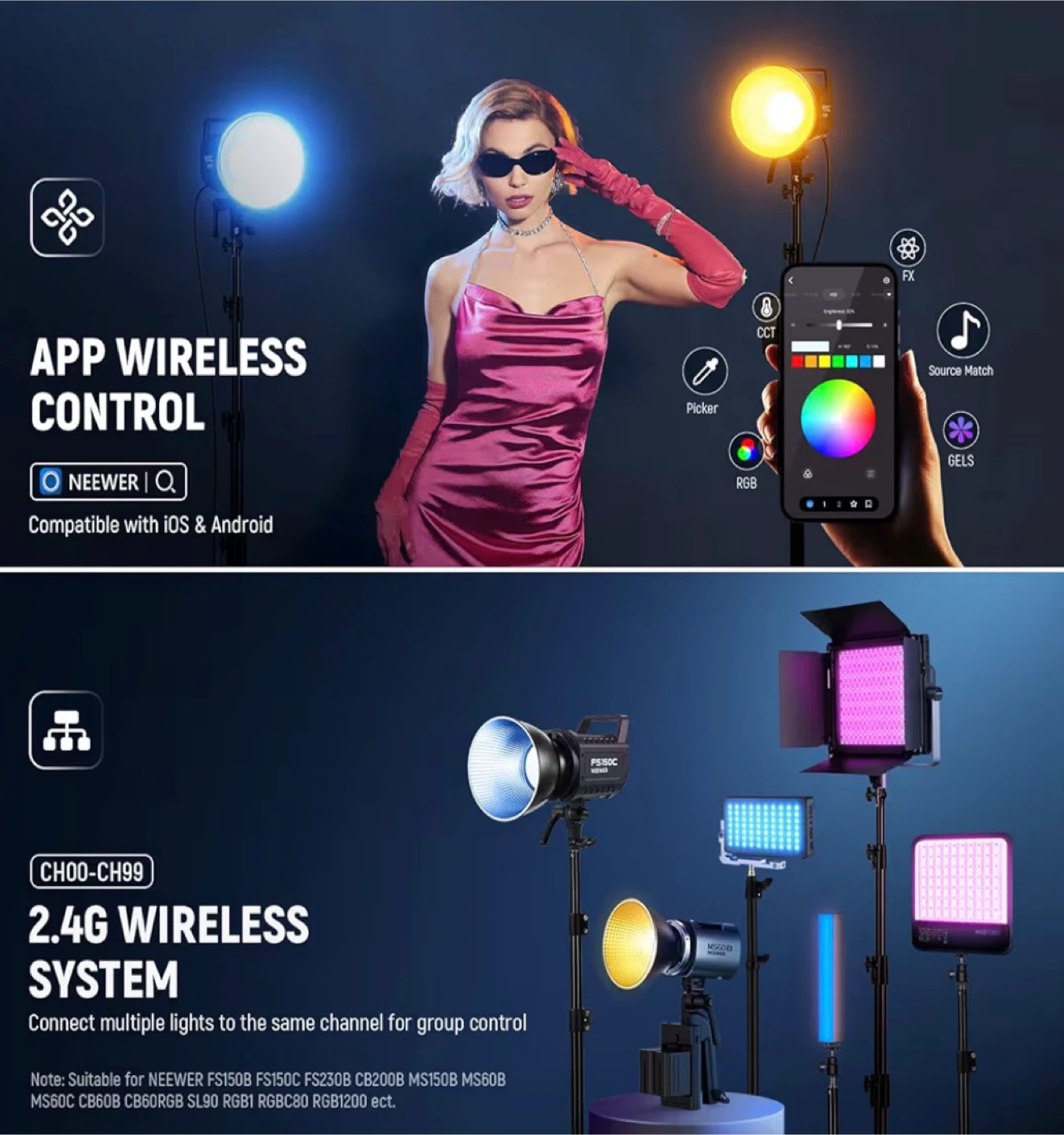 NEWEER FS150C 130W RGB LED Video Light + 26” Lantern Softbox - photo 5