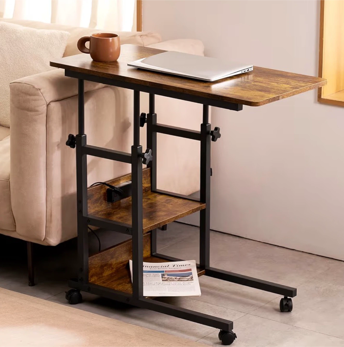 Adjustable Rolling Laptop Table with Shelves