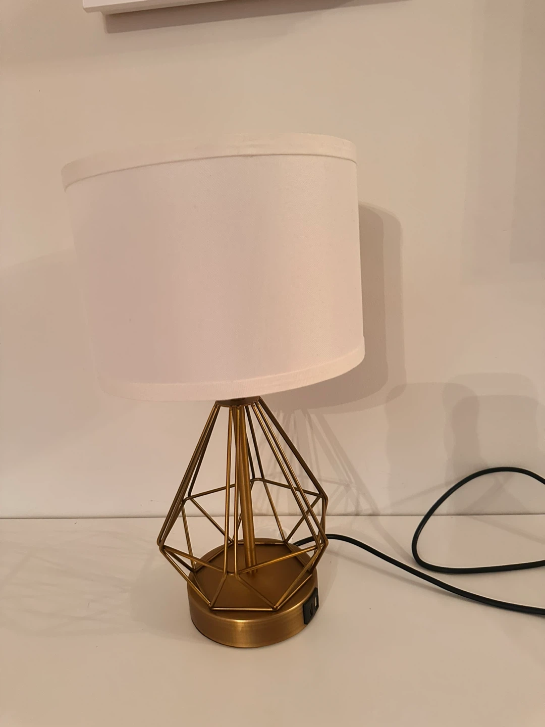 Gold Geometric Cage Table Lamp with White Shade