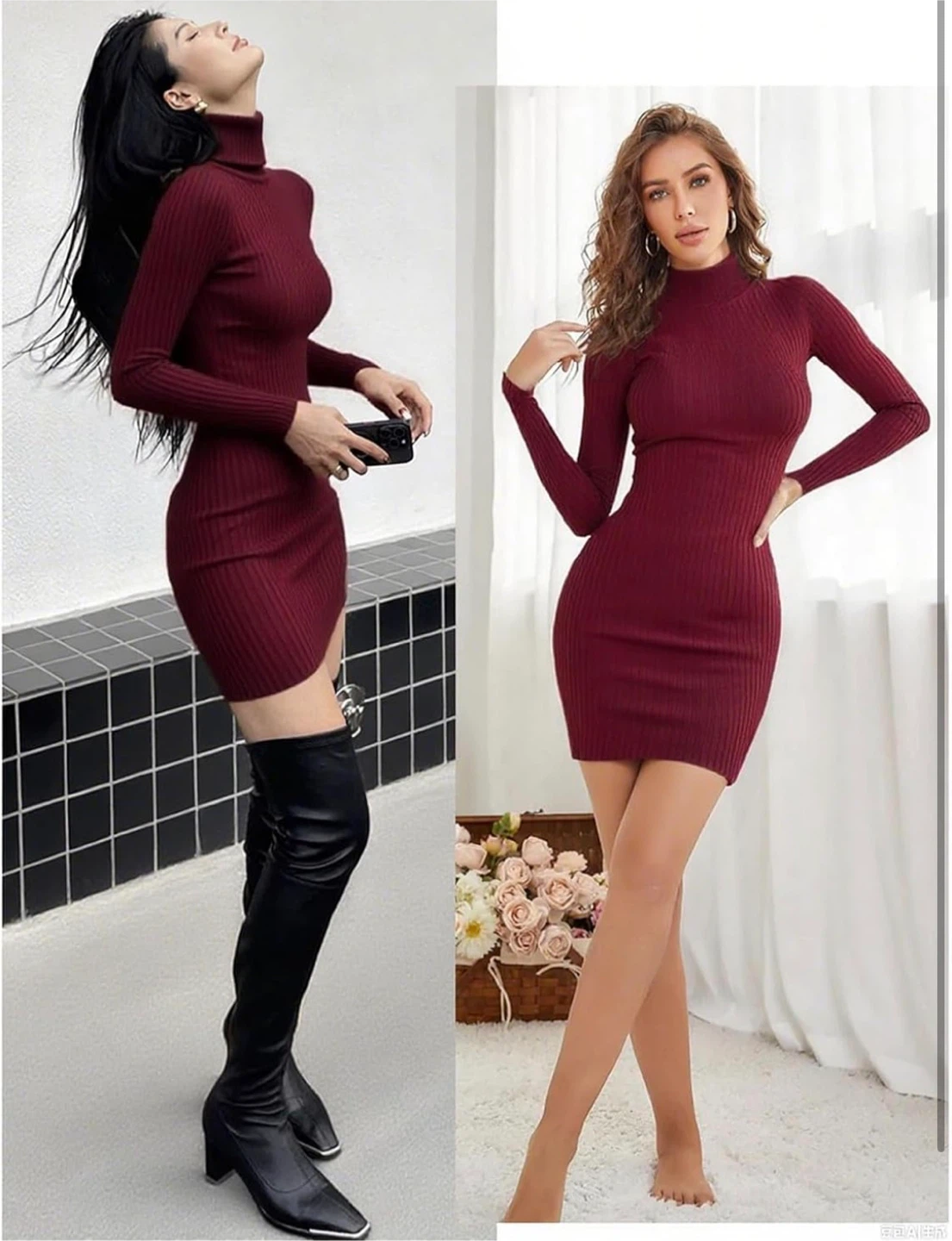 NEW! Women's Burgundy Ribbed Turtleneck Sweater Dress - photo 4
