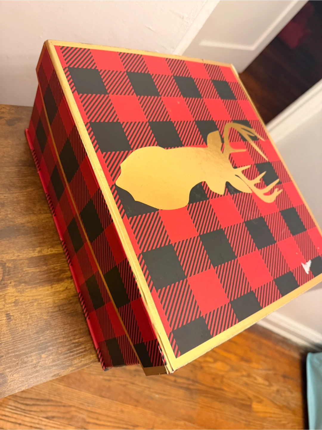 Red Black Buffalo Plaid Gift Box with Gold Deer