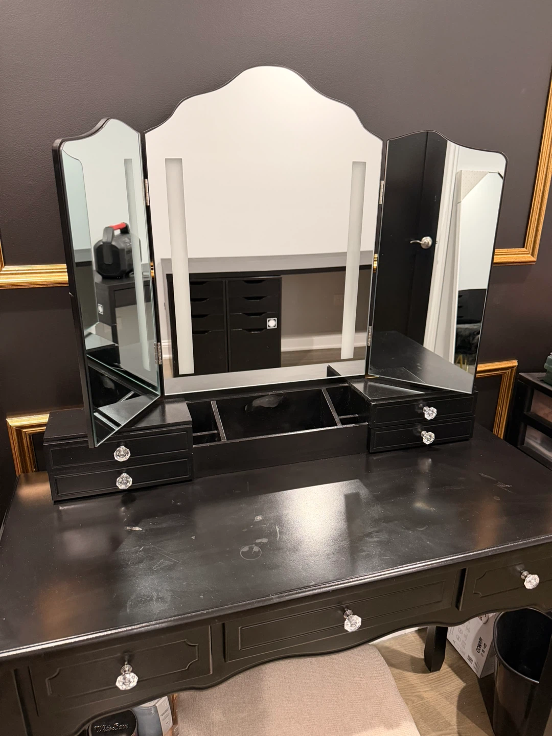 Black Vanity Set with Lighted Tri-Fold Mirror and Stool - photo 2