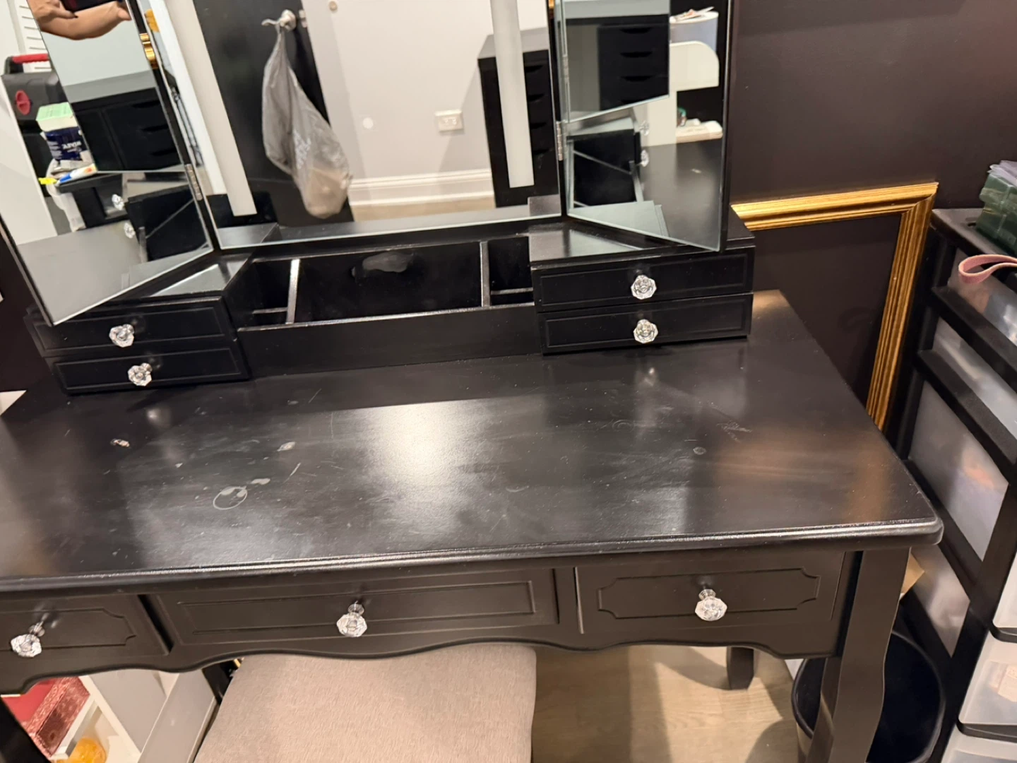 Black Vanity Set with Lighted Tri-Fold Mirror and Stool - photo 3