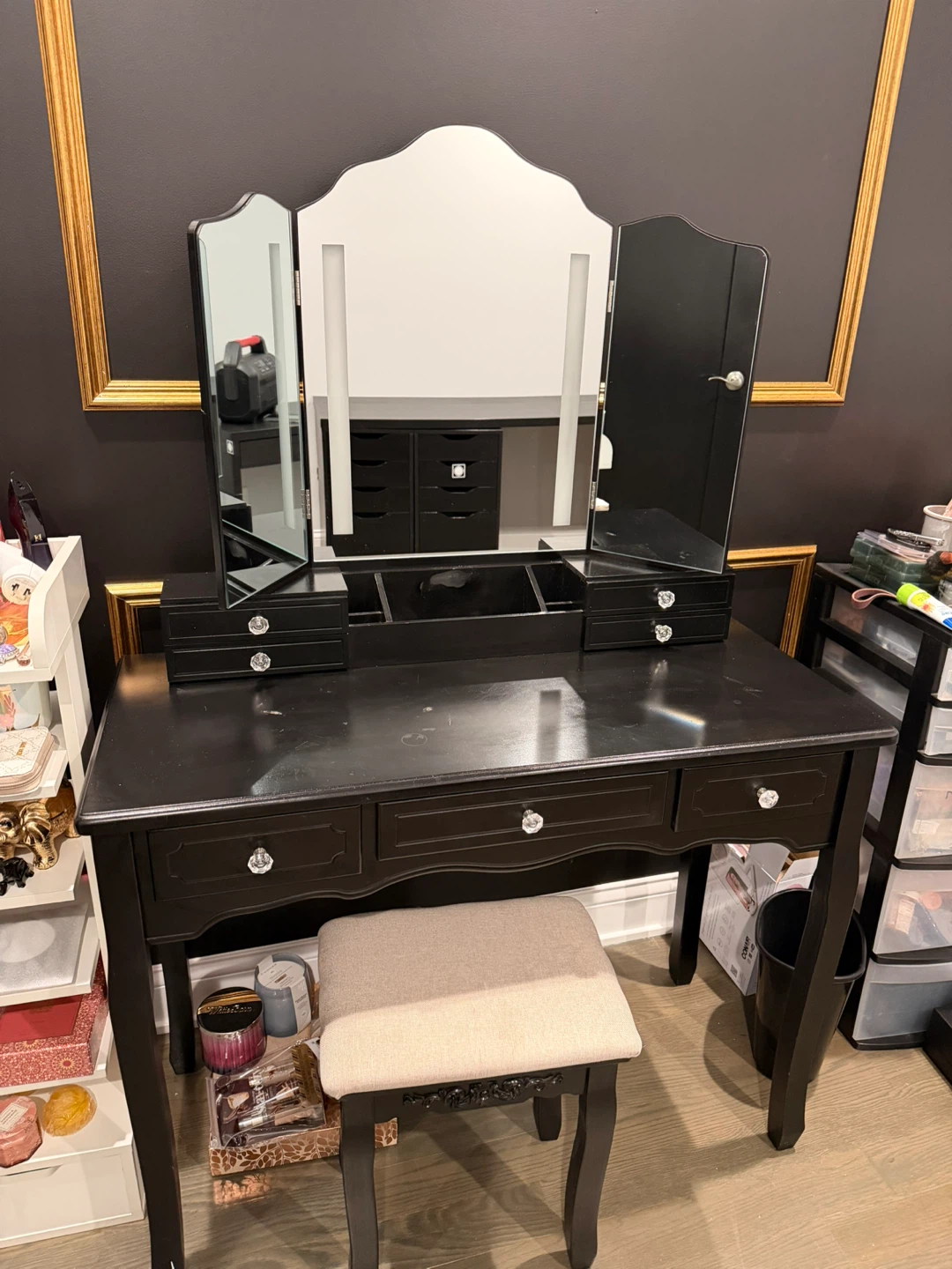 Black Vanity Set with Lighted Tri-Fold Mirror and Stool