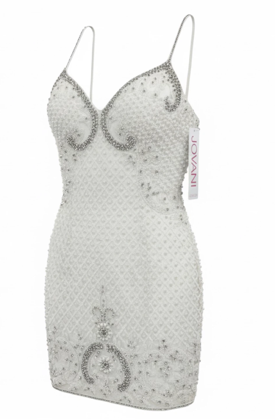 Jovani White Beaded Embellished Spaghetti Strap Dress
