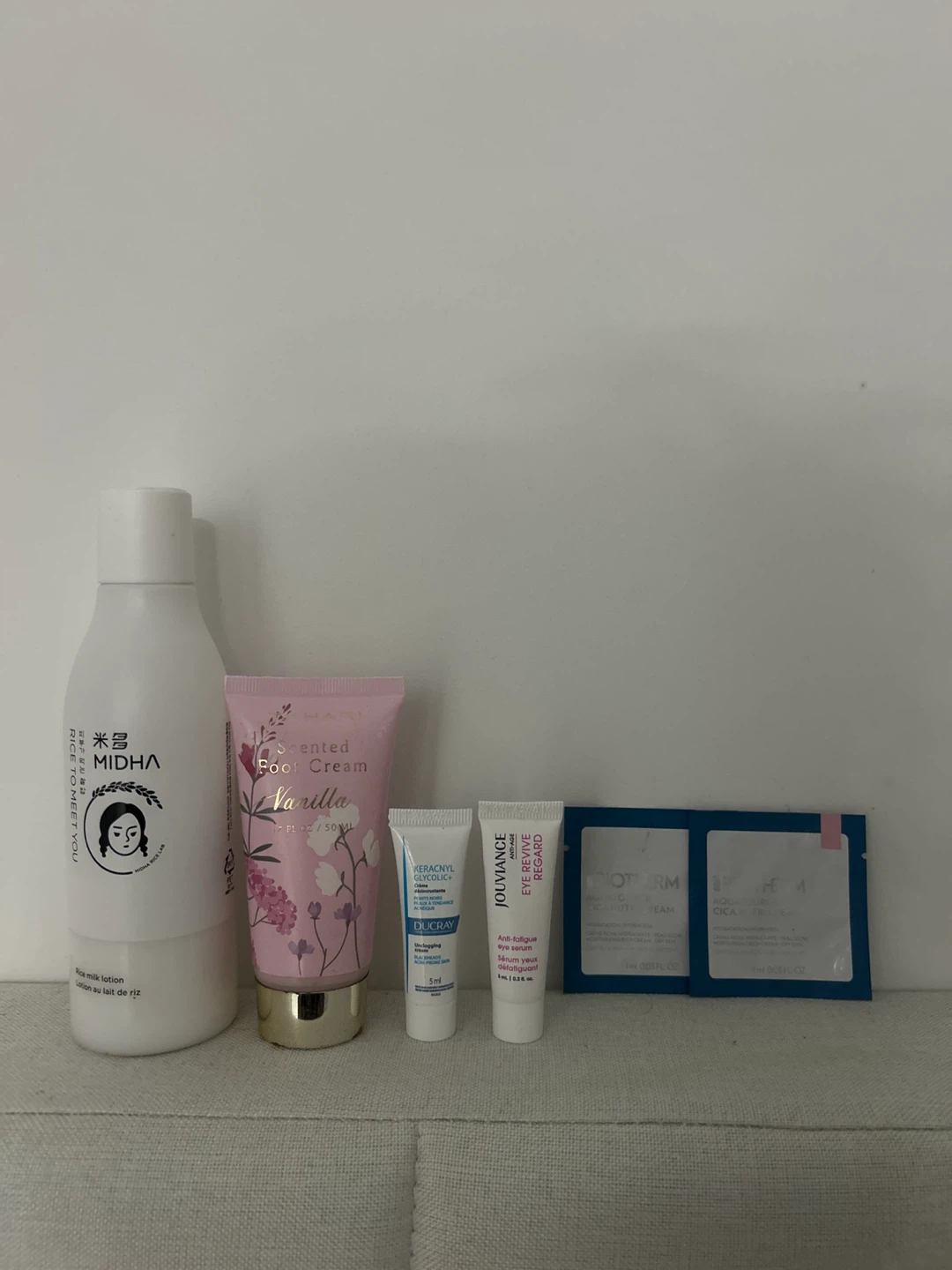 MIDHA Rice Milk Lotion, Vanilla Foot Cream & Skincare Samples