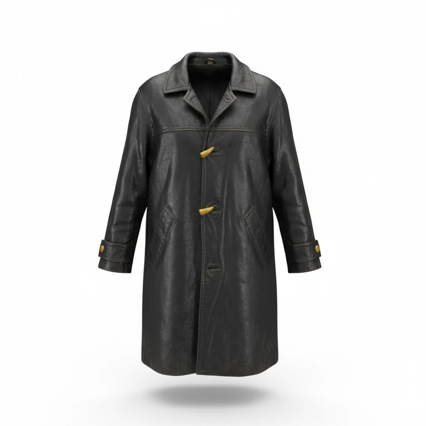 Worthington Black Leather Trench Coat with Yellow Accents
