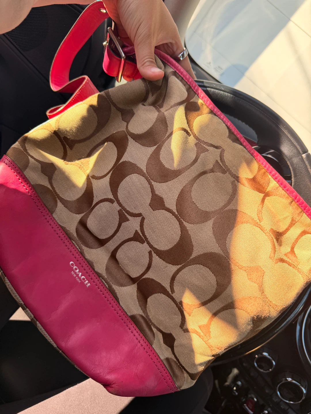 Coach Monogram Shoulder Bag Pink Leather Trim