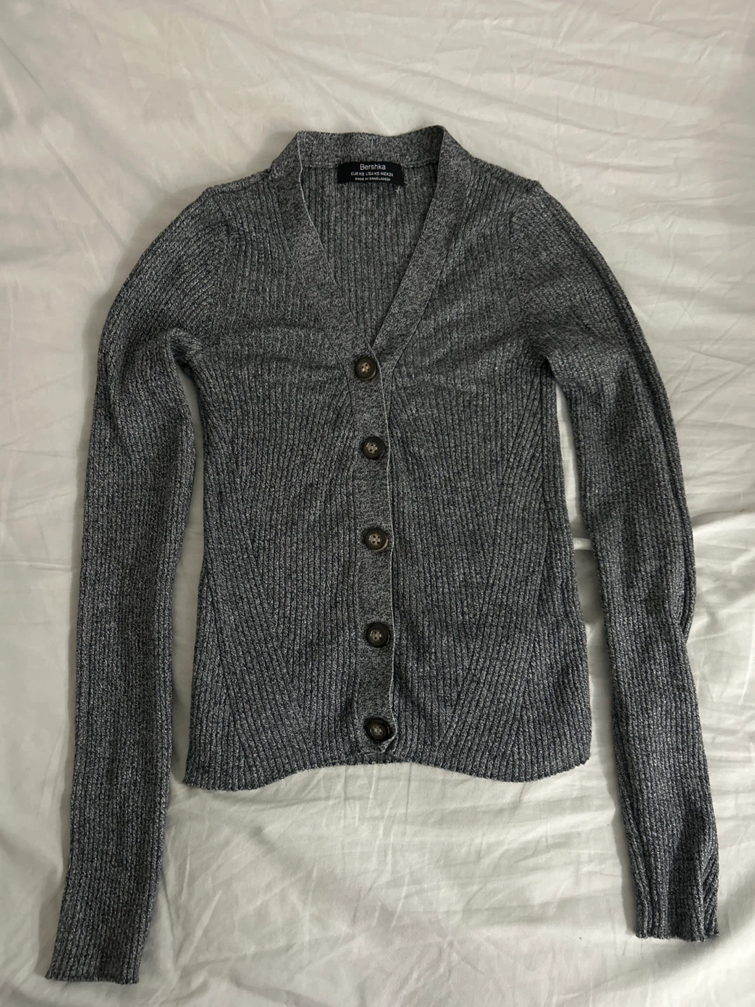 Bershka Grey Ribbed Button-Up Cardigan