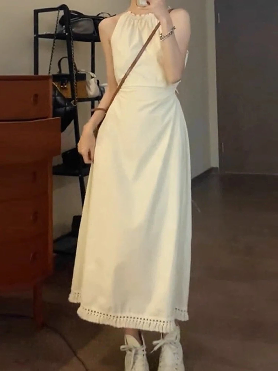 Cream Halter Neck Maxi Dress with Tassel Detail