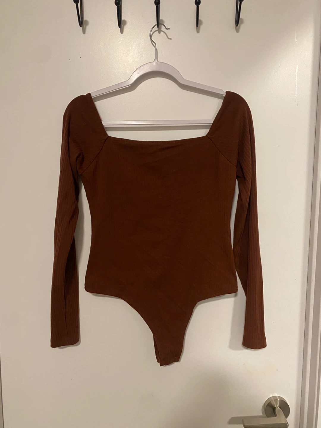 Dynamite Brown Ribbed Long Sleeve Square Neck Bodysuit - M/L