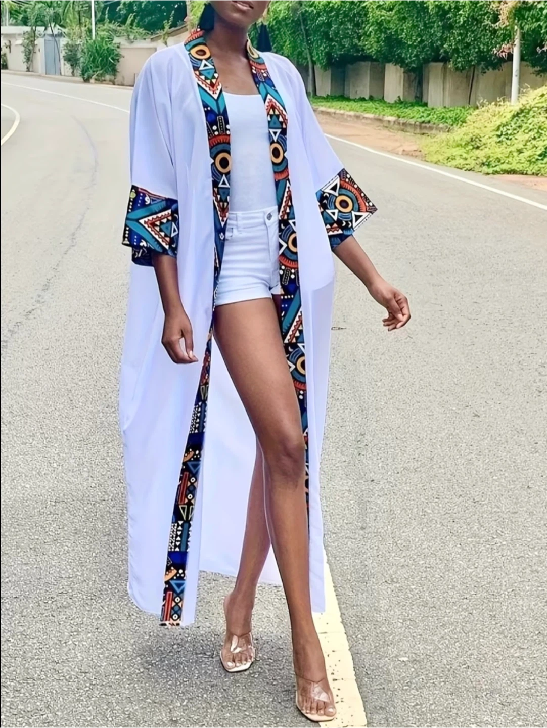 White Kimono with Geometric Print Trim - M