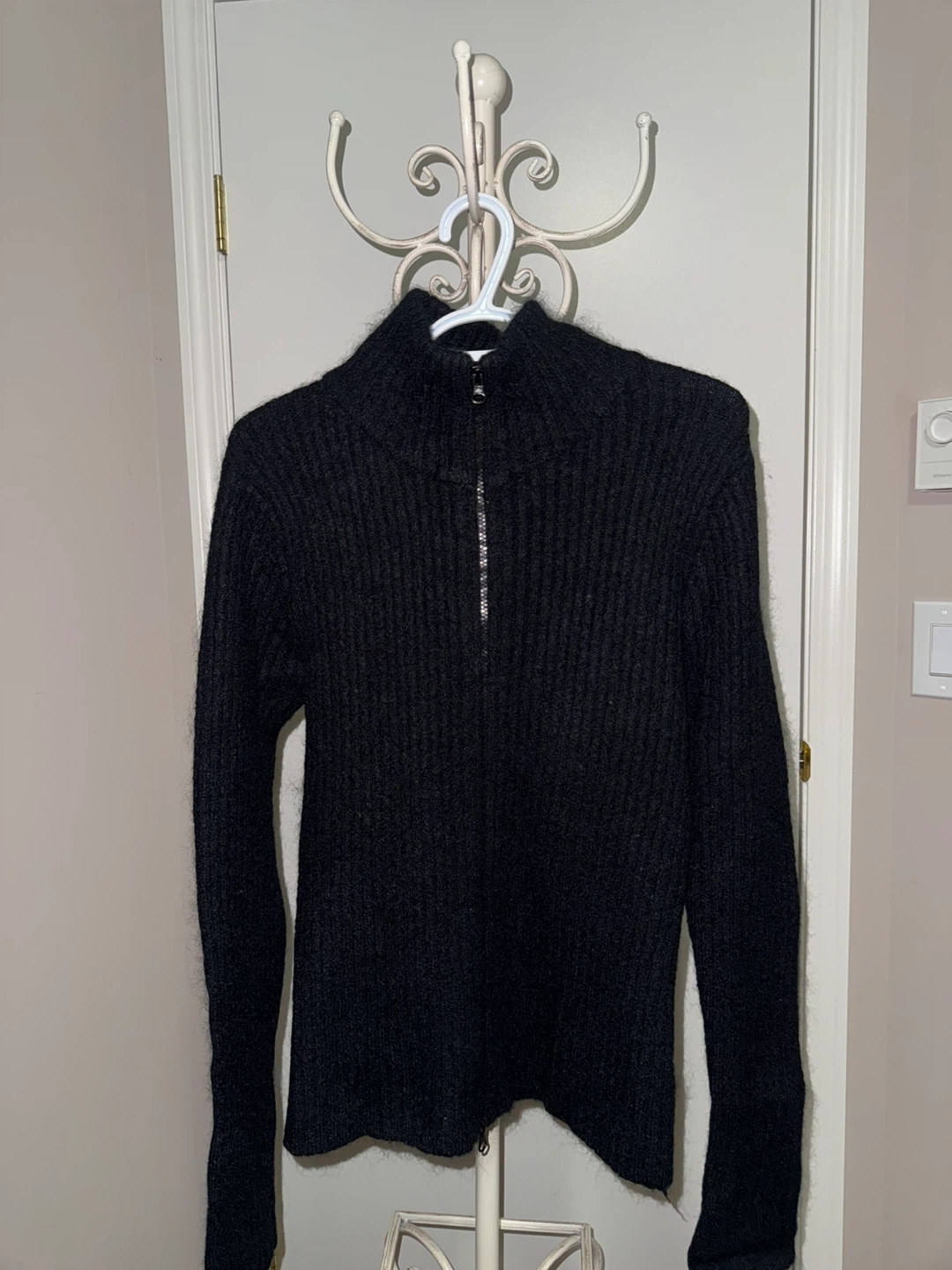 Black Half-Zip Ribbed Knit Sweater