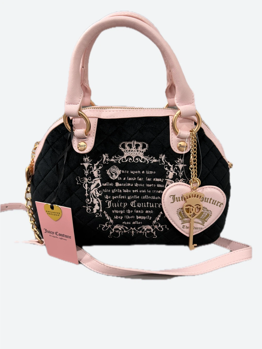 Juicy Couture Black Quilted Velour Satchel Bag with Pink Trim
