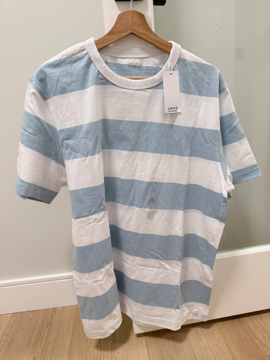 Celio Striped T-Shirt - Light Blue & White - Size L