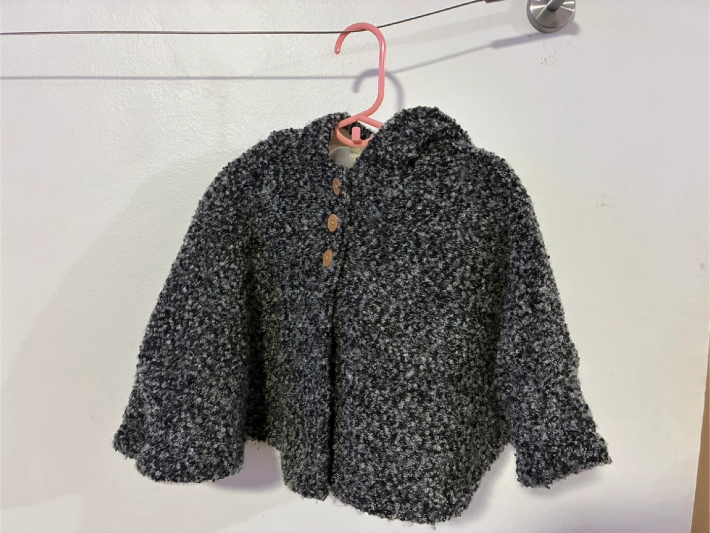 Gray Boucle Cape with Hood and Buttons