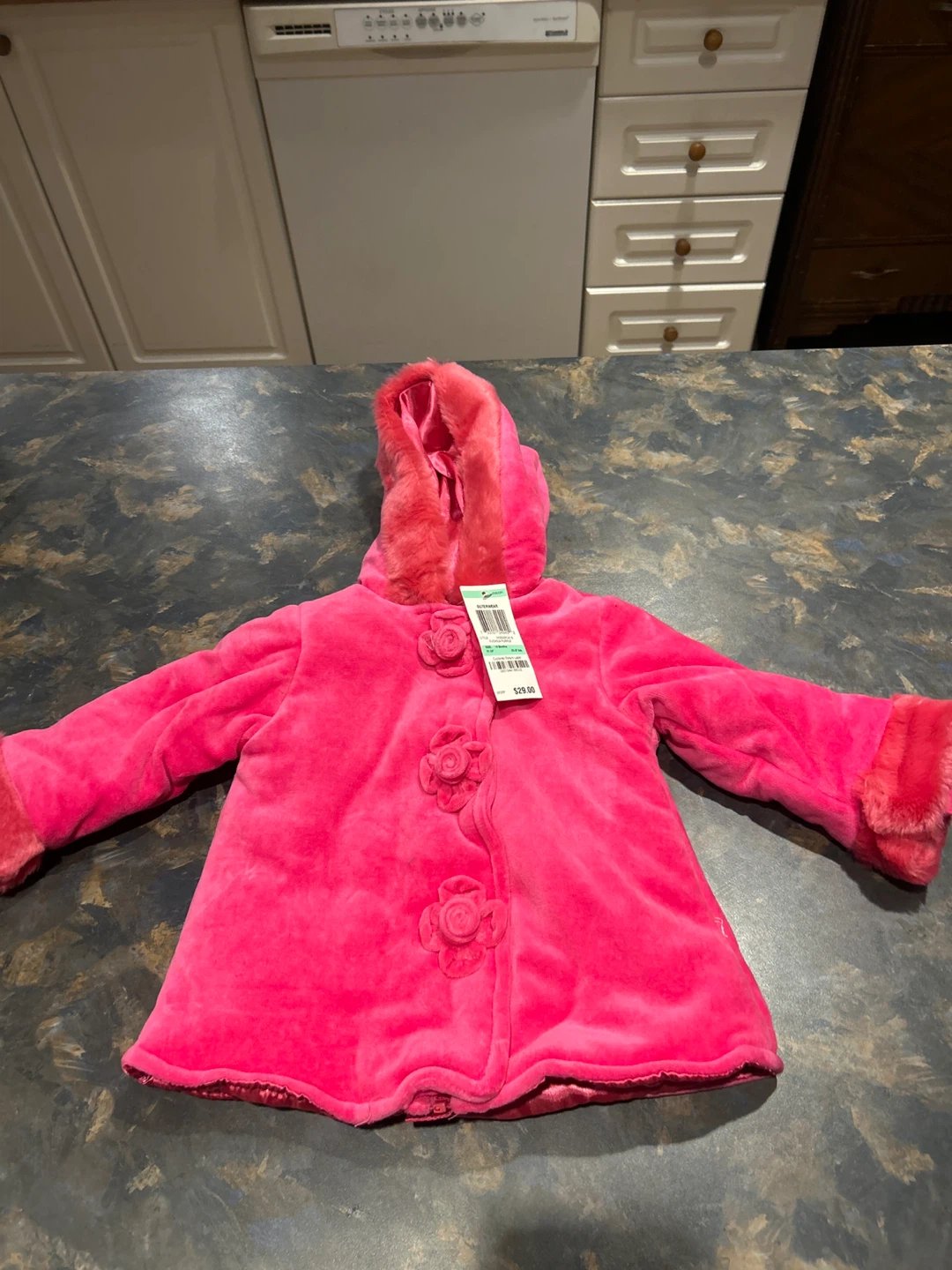 Kids Pink Velour Hooded Jacket with Faux Fur Trim
