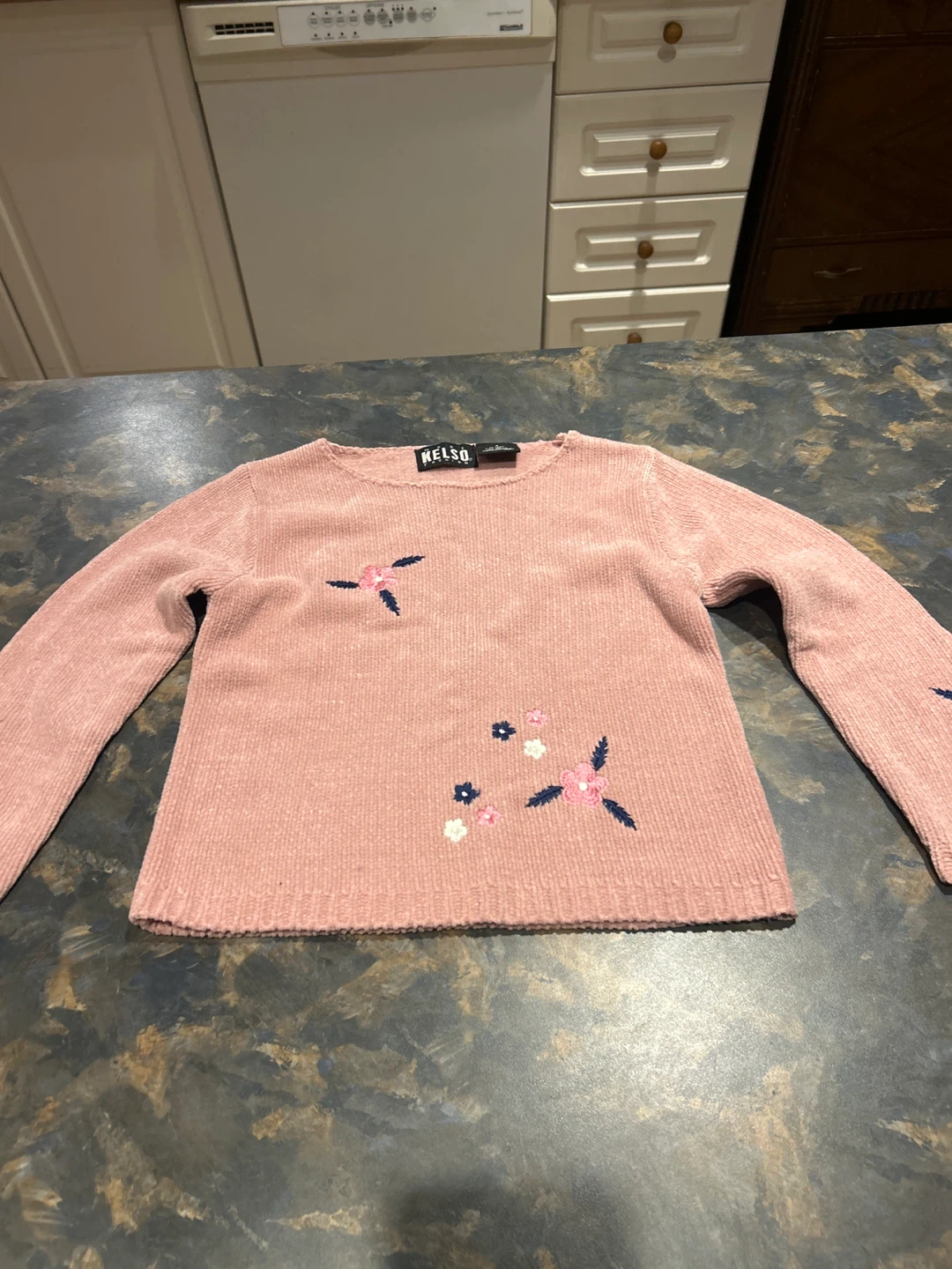 Pink Velour Sweater with Floral Embroidery