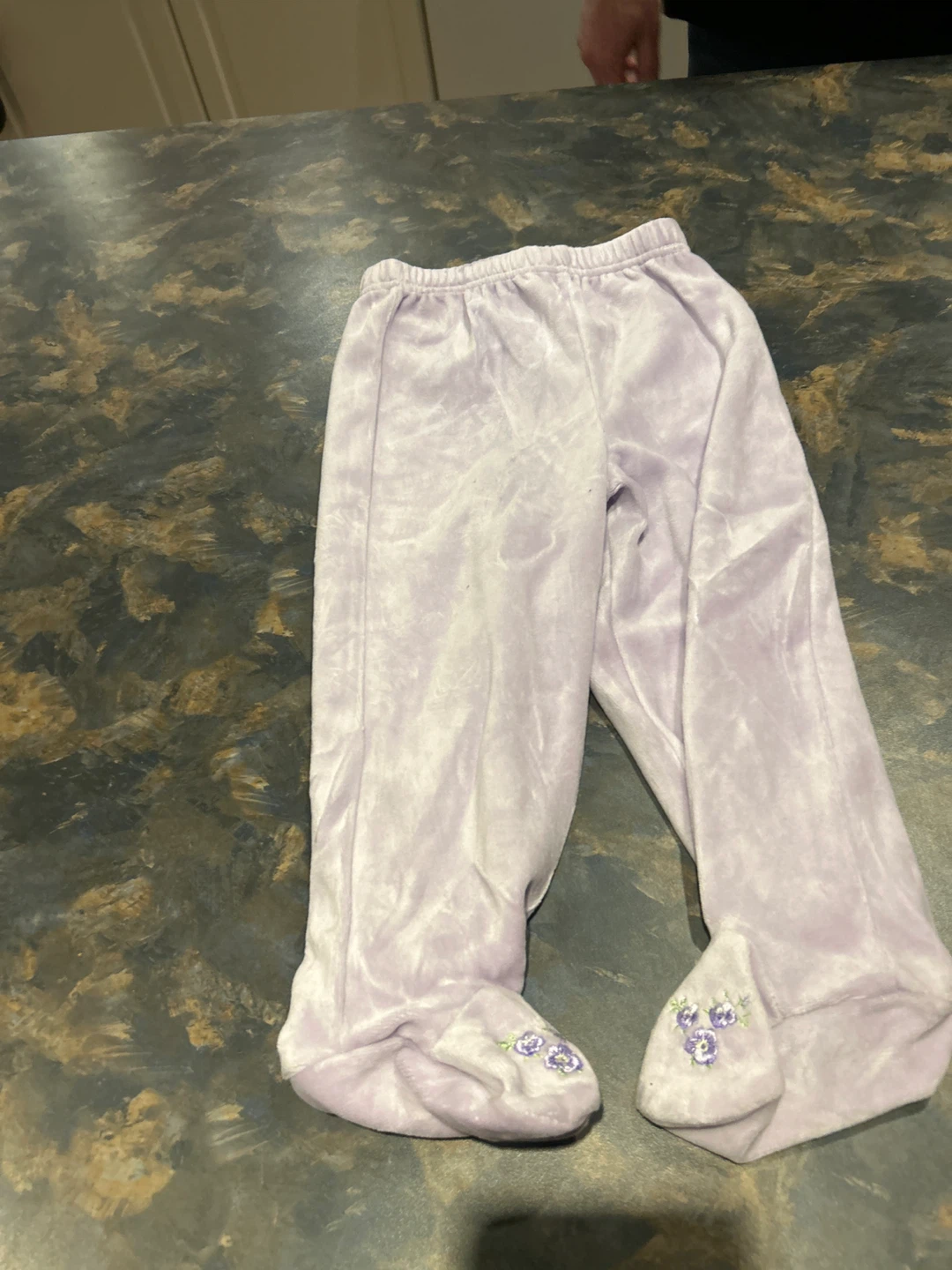 Purple velour footed sleeper with floral embroidery