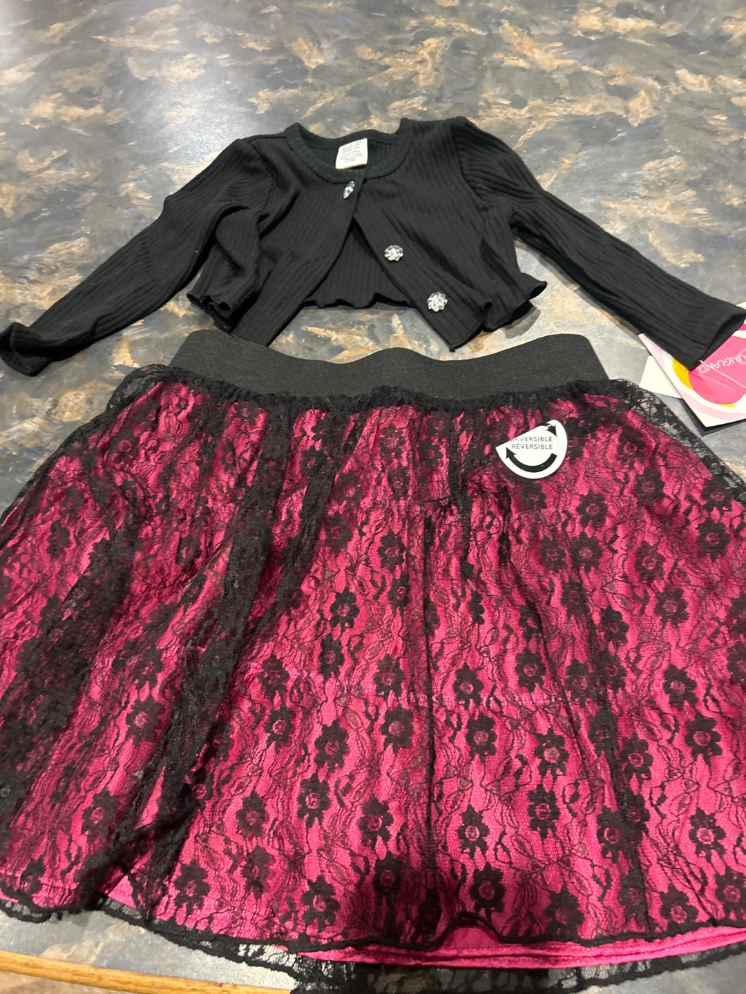 Girls' Black Cardigan and Pink Lace Skirt Set