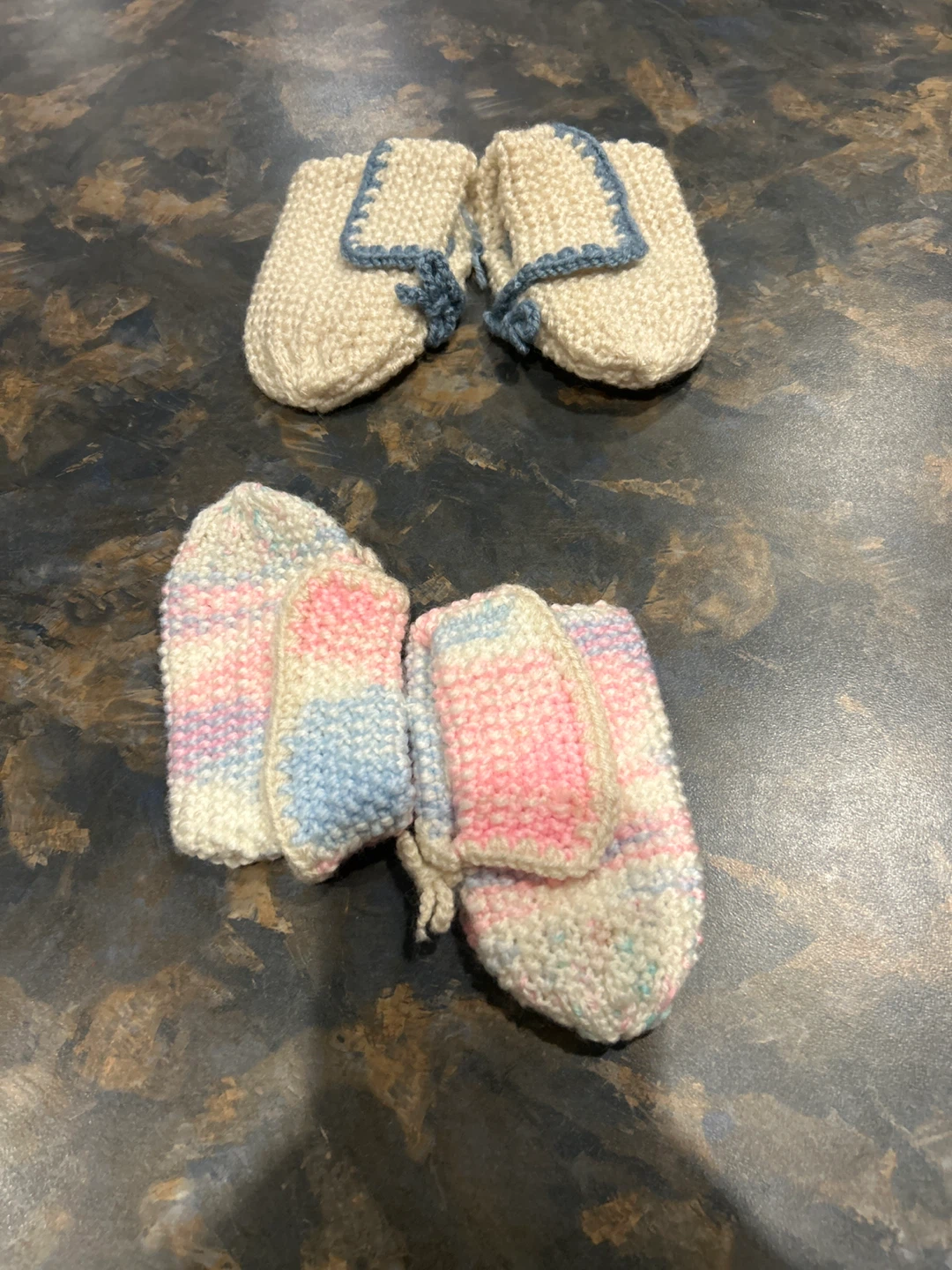 Hand-Knit Baby Mittens & Booties - Cream & Pink/Blue Stripes