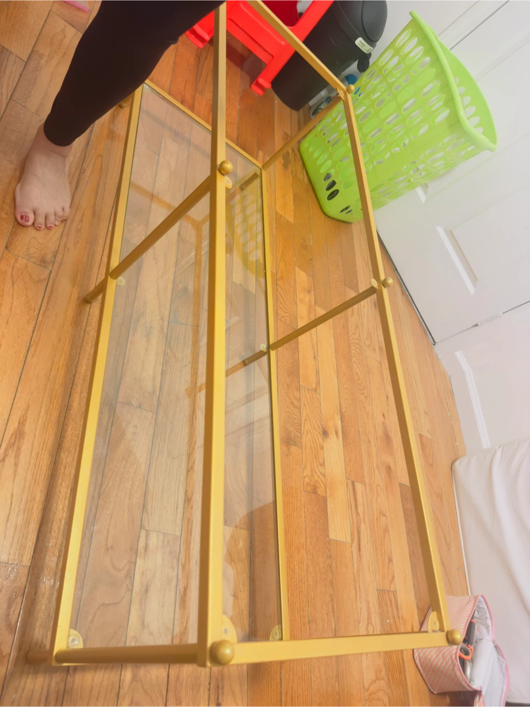 Gold Metal and Glass Two-Tier Shelf