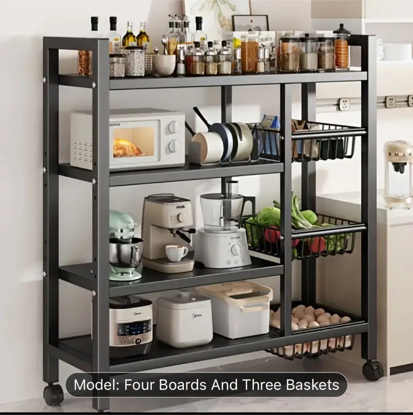 Four-Tiered Kitchen Storage Rack with Three Baskets