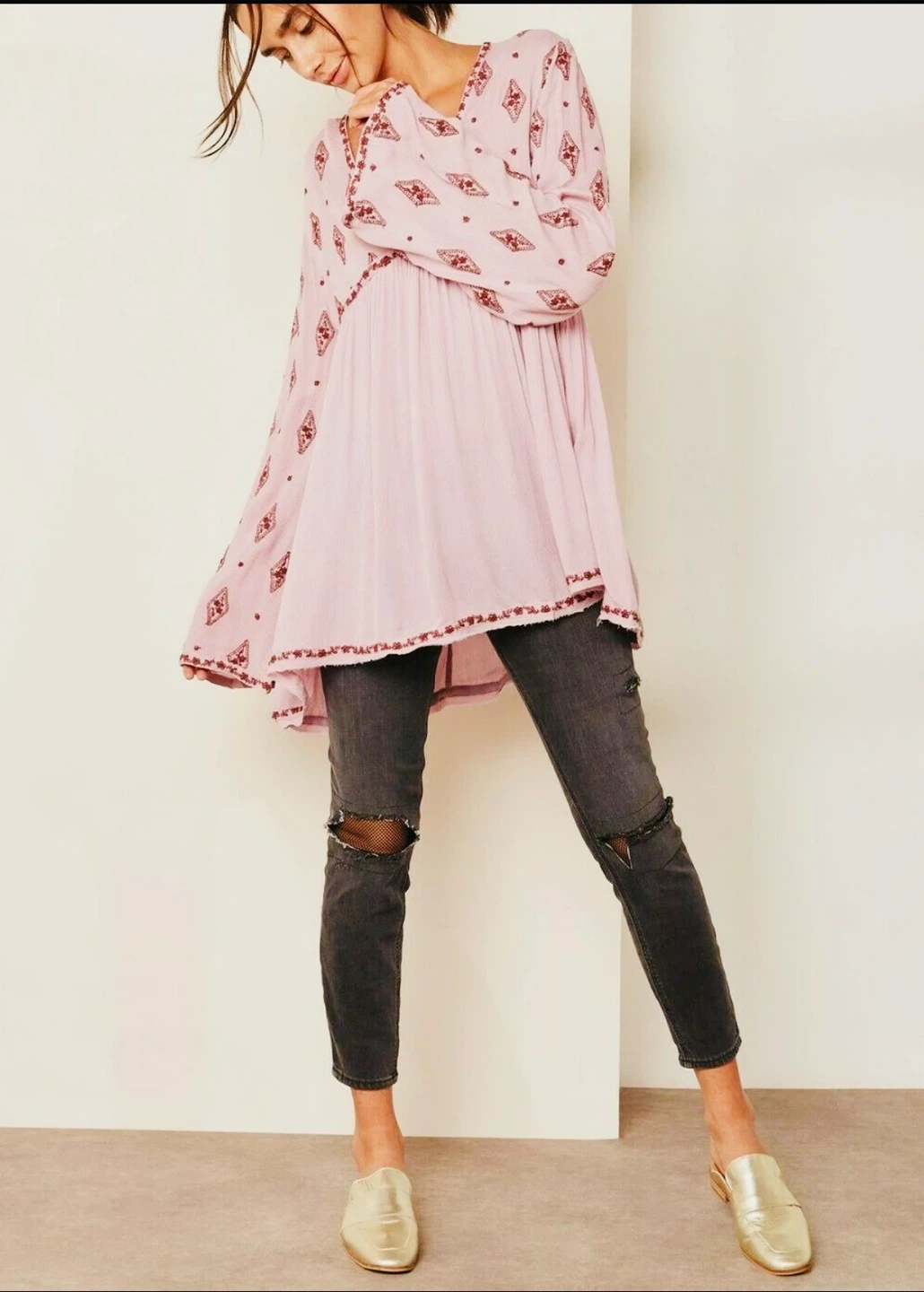 Free People Diamond Embroidered Oversized Flowy Boho Tunic Top - photo 4