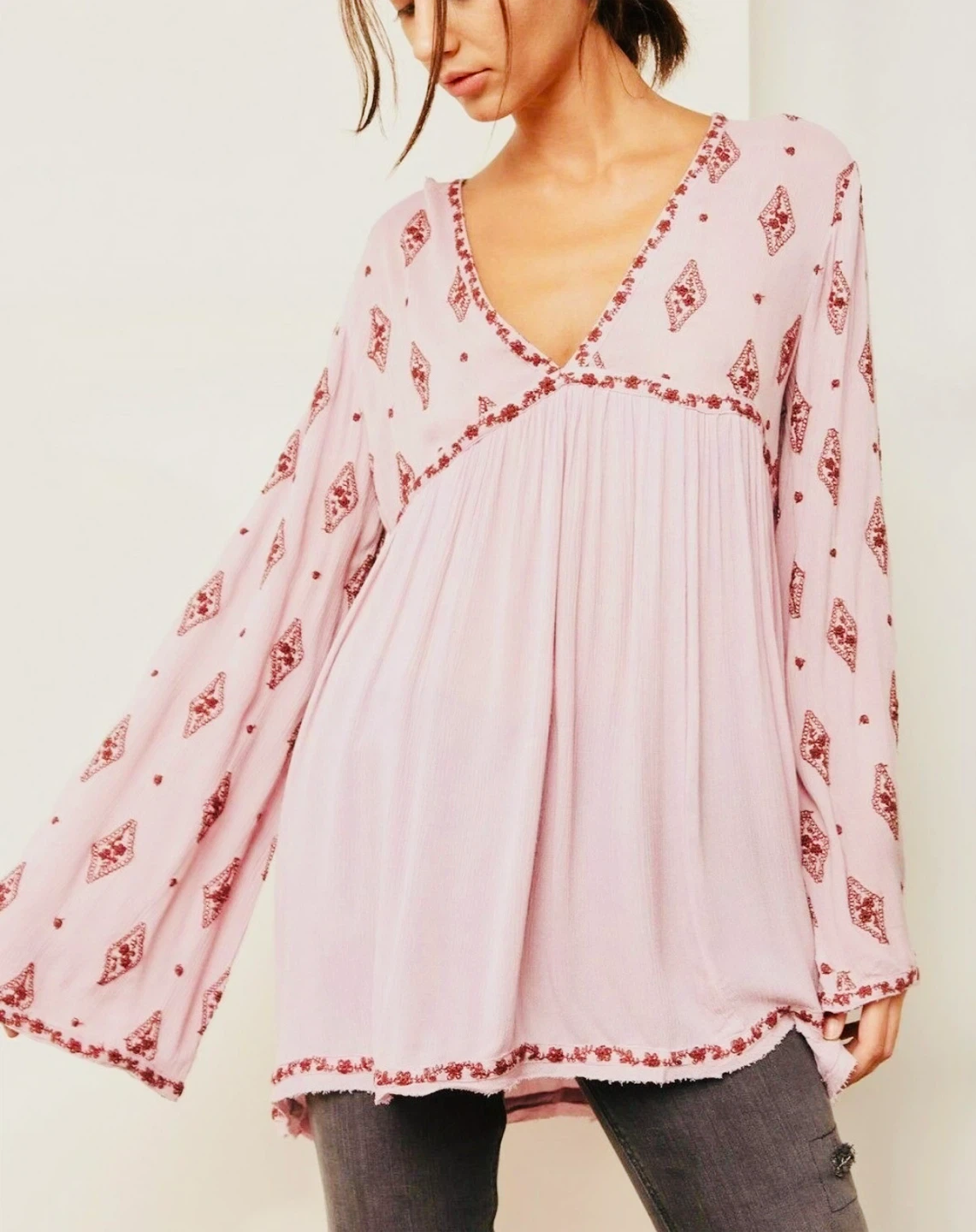 Free People Diamond Embroidered Oversized Flowy Boho Tunic Top