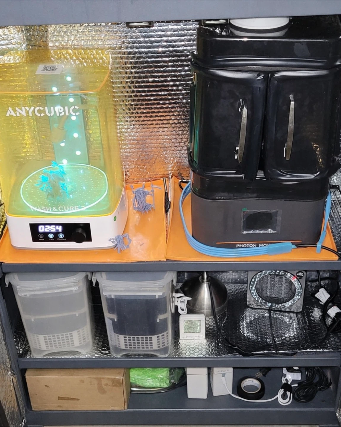 3D Resin Printer, Wash and Cure Station, Insulated Cabinet Setup